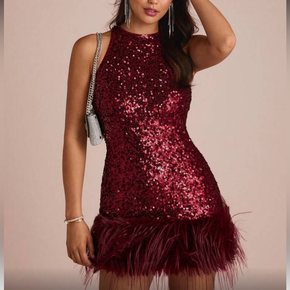 Sequined Burgundy Feather-Hem Party Dress